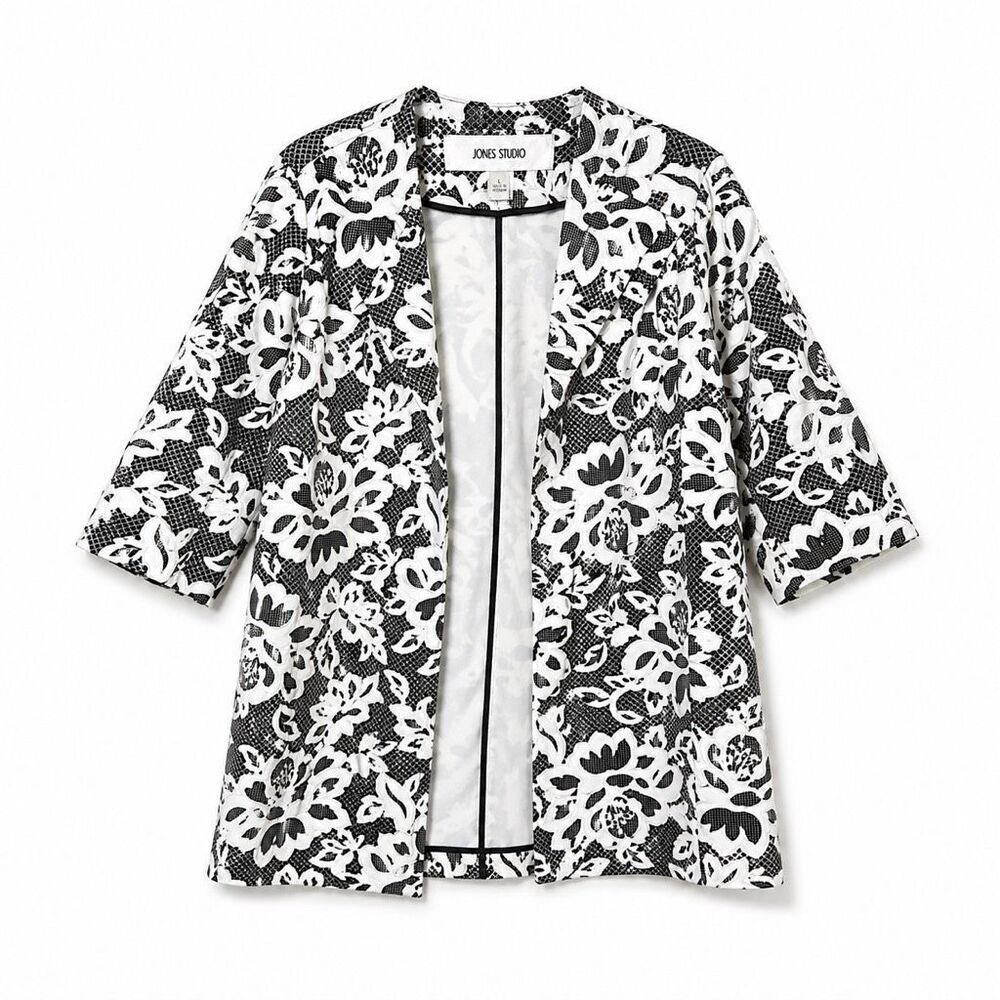 Jones Studio Floral Blazer Black White Open Lightweight Modern Jacket Classic L